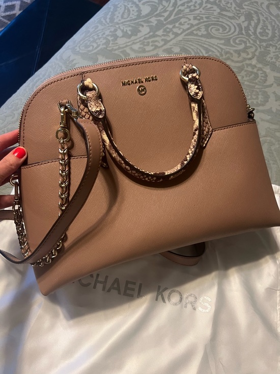 Michael Kors Handbags - Michael Kors Saffiano Dome Satchel in Taupe with Snake-Trim